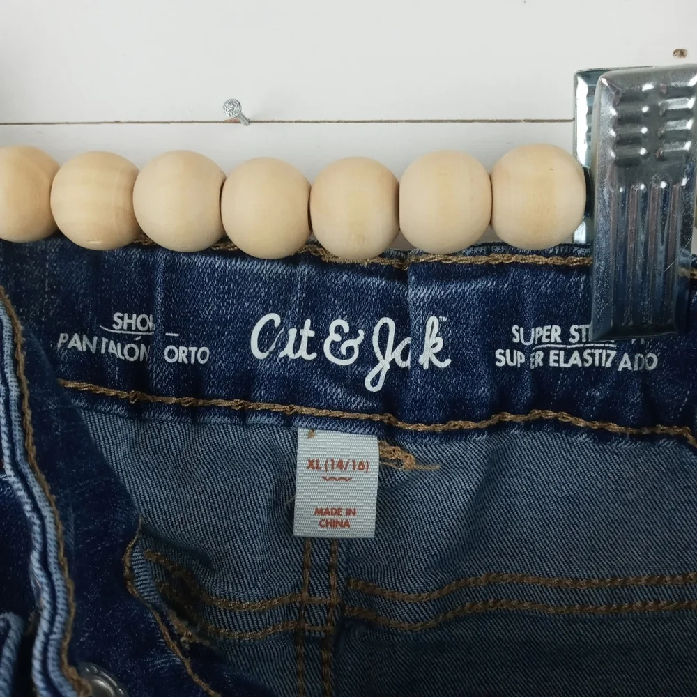 Cat & Jack girls size 14-16 dark wash denim jean shorts with fringe rainbow